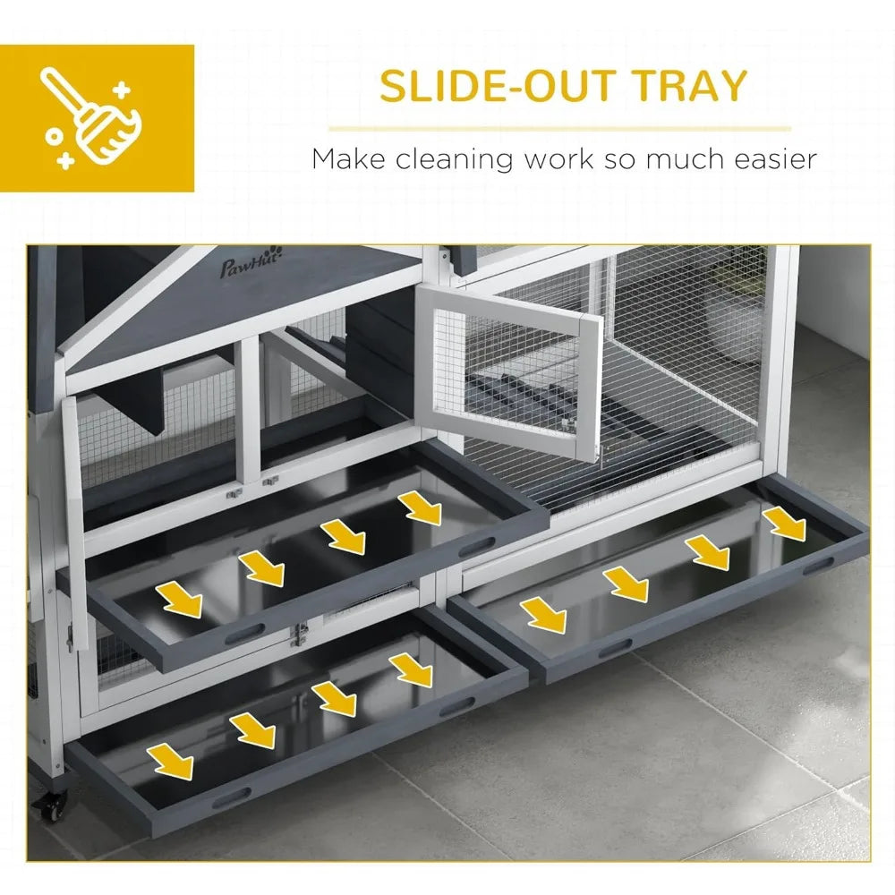 65" Wooden Rabbit Hutch with Openable Roof And Wheels Guinea Pig Playpen Bunny House Enclosure Breathable Pet Storage Box Cat Bed