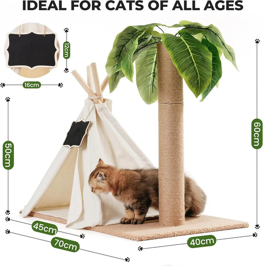MEWOOFUN 60cm Tall Cats Scratching Post Teepee with Simulated Leaves Wooden Cat Tree Pet Bed Tent Indoor Play House for Cats