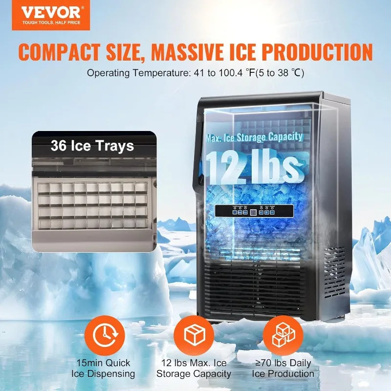 VEVOR 110V Countertop Ice Maker 70LB 350W Auto Machine