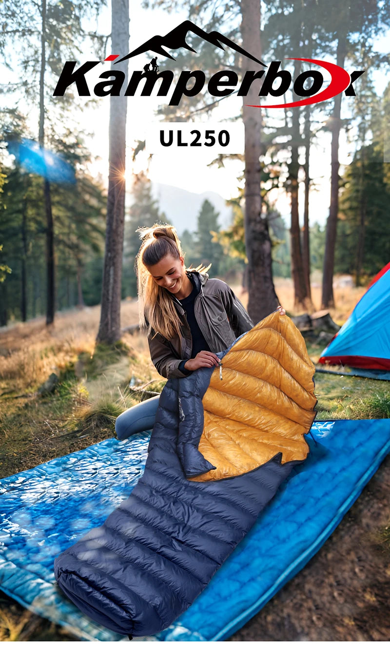 Kamperbox Ultralight Down Sleeping Bag UL250 for Camping Outdoor Adult Duck Down Filled Mummy Style 3 Season Spring Autumn Winter