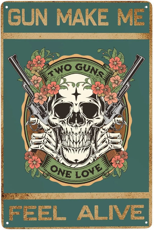 Gun Skull Metal Poster Sign Decor Vintage Aluminum 12x8 Inch Posters for Gifts for Bar Accessories Bathroom Wall Art