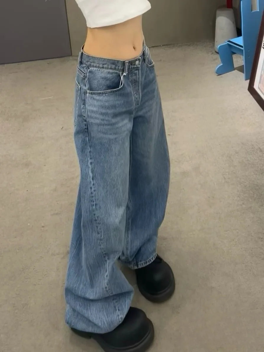 Gradient Spring 2025 Blue Jeans Women Y2K Vintage High Waisted Jeans Straight Streetwear Loose Large Wide Leg Denim Pants