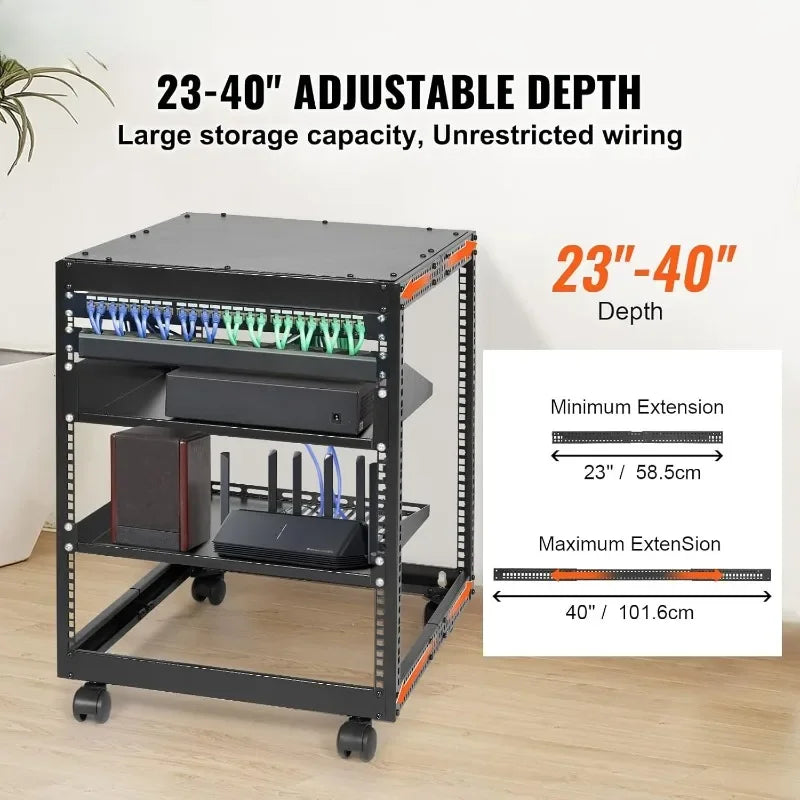 12U Open Frame Server Rack 23 to 40 Inch Adjustable Depth Free Standing or Wall Mount 4 Post AV Network Server Rack Modern Style