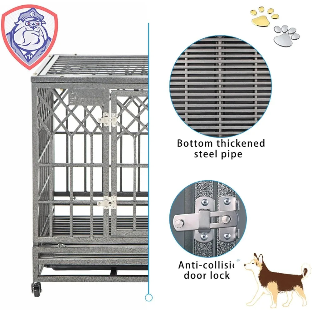 Heavy Duty Metal Dog Cage Large Kennel Crate with Three Doors Four Wheels 38 Inch Y-Shaped Pet Playpen by DAFIFY