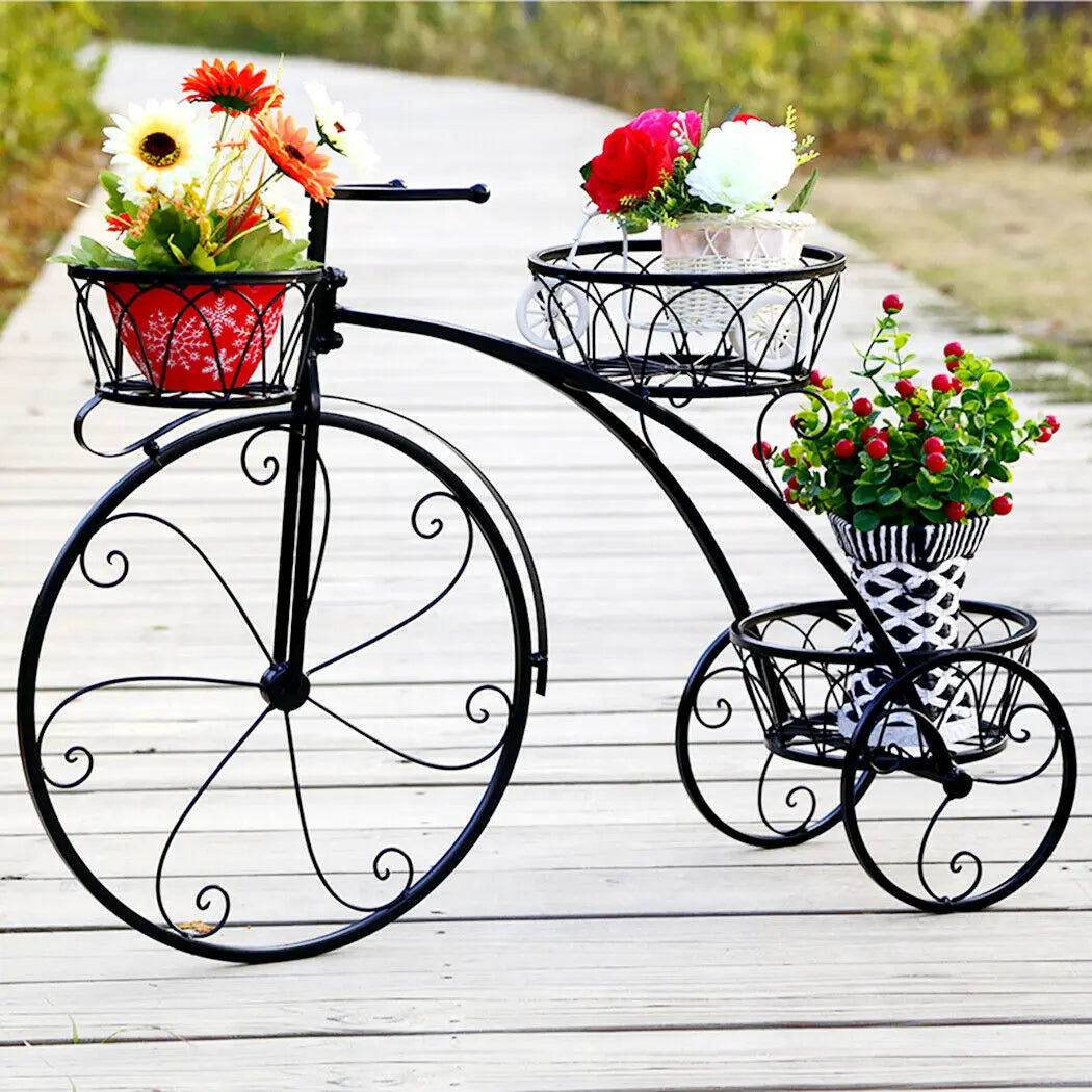 Tricycle Plant Stand Flower Pot Cart Bicycle Holder Rack for Home Garden Patio 3 Tiers Metal Assembly