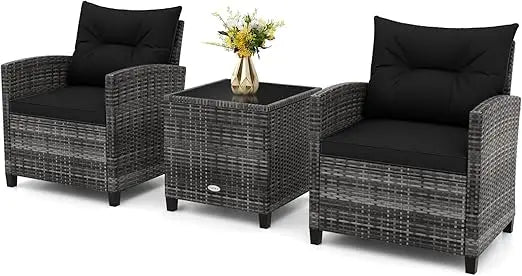 3 Piece Patio Furniture Set, Wicker Bistro Conversation Set w/ 2 Cushioned Armchairs & Glass Topped Table, Outdoor Rattan Sofa
