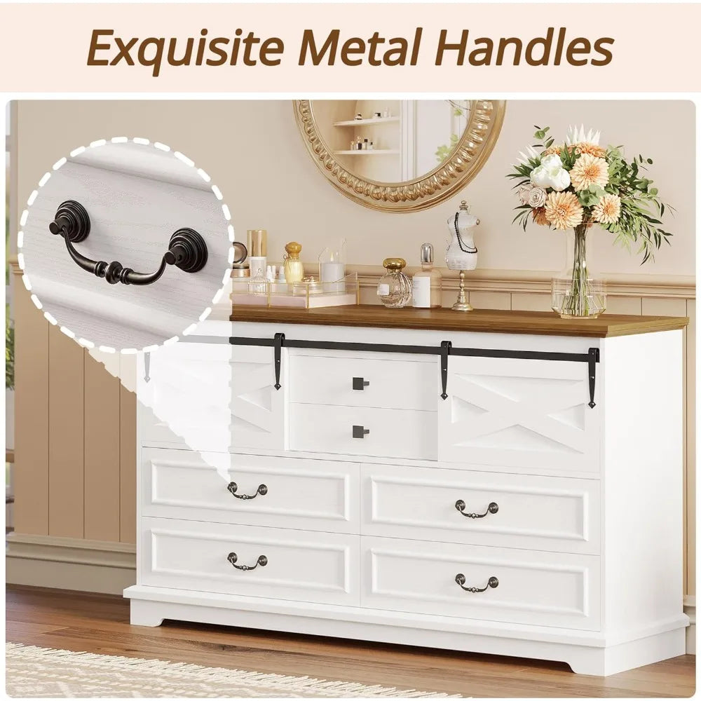 Farmhouse 6 Drawers Dresser for Bedroom, 55.1" Large Wooden Chest of Drawers with Sliding Barn Door, White/Walnut
