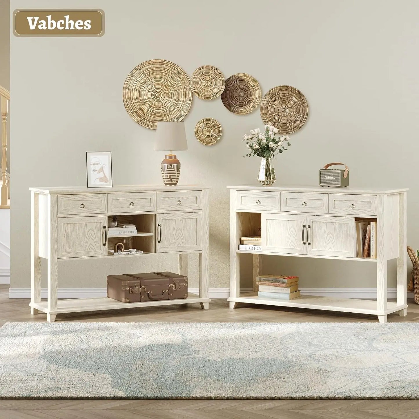 Vabches 47 Inch Wood Console Table with 3 Storage Drawers and Sliding Barn Doors for Entryway Hallway Living Room