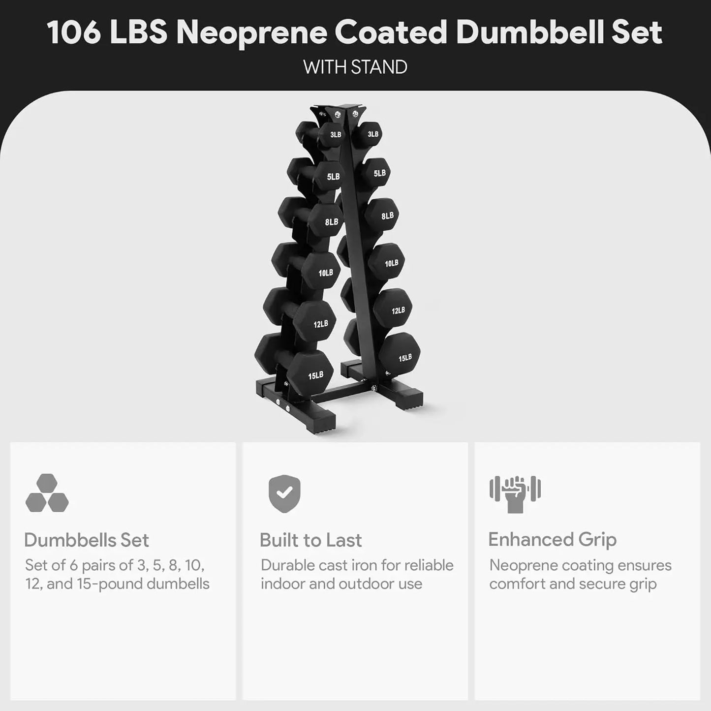 Dumbbell Set with Stand Neoprene Coated Hand Weights Home Gym Equipment X Elite Set 106 Pound 6 Pairs