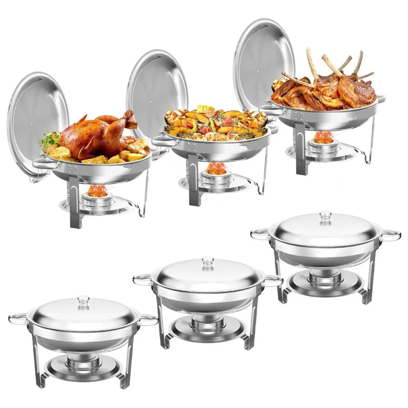 round Chafing Dish Warmer Container Set with Stainless Steel Lid for Party Catering Hotel Buffet Food Warm Pan 1/2/4/6 Pack Options