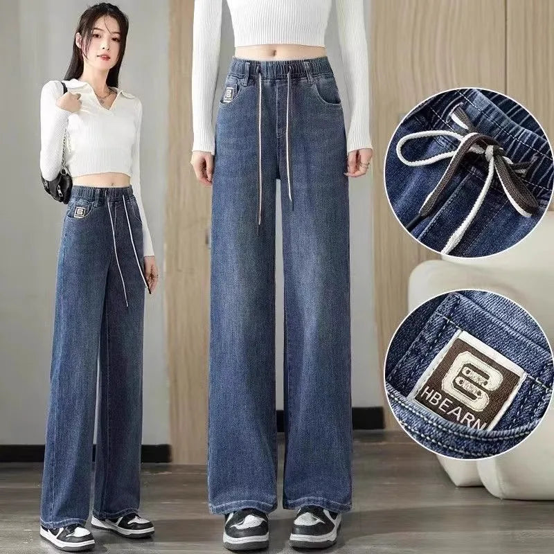 Loose Wide Leg Jeans High Waist Light Blue Women's plus Size Elastic Waist Dstring Trousers Slimming Long Pants