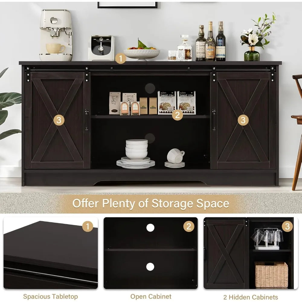 Buffet Cabinet with Storage, 59" Kitchen Storage with Barn Doors