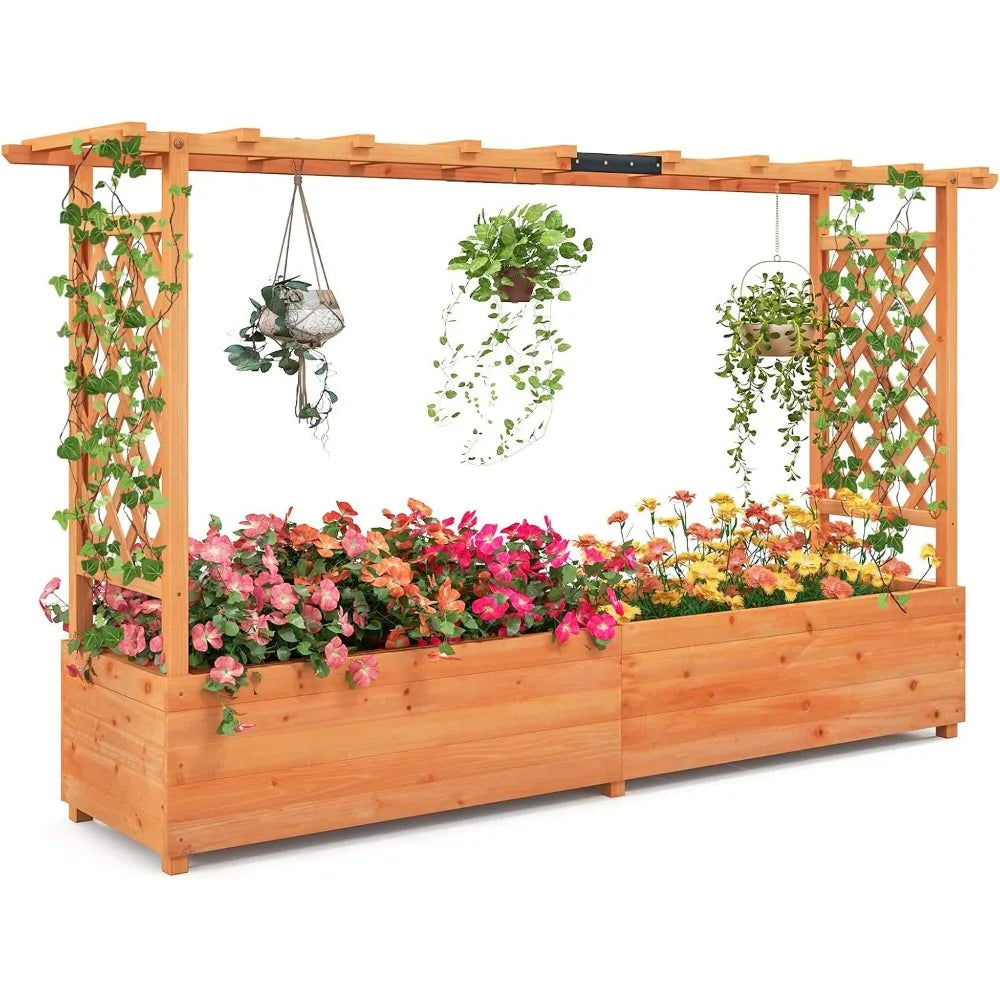 Raised Garden Bed with Trellis & Hanging Roof Planter