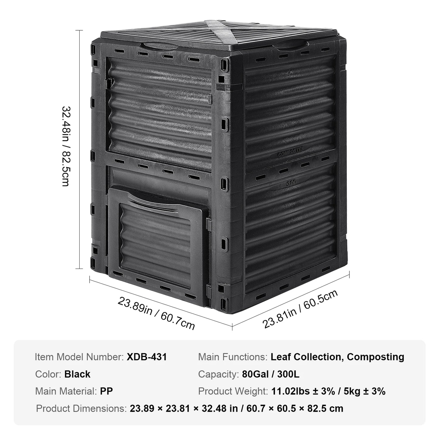 VEVOR Garden Compost Bin Large Capacity 80 Gallon BPA Free Outdoor Composter with Top Lid and Bottom Door Black