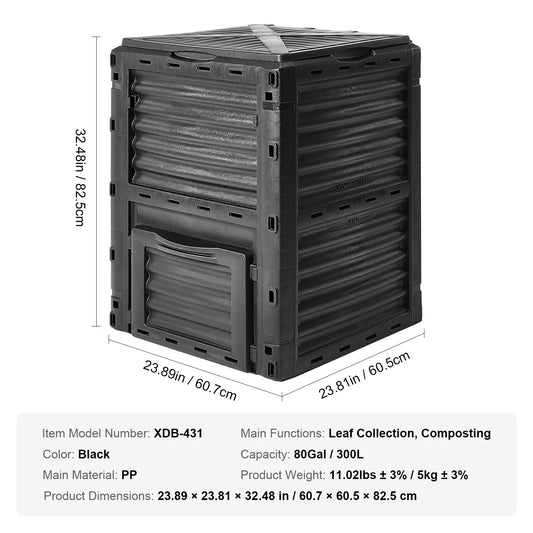VEVOR Garden Compost Bin Large Capacity 80 Gallon BPA Free Outdoor Composter with Top Lid and Bottom Door Black