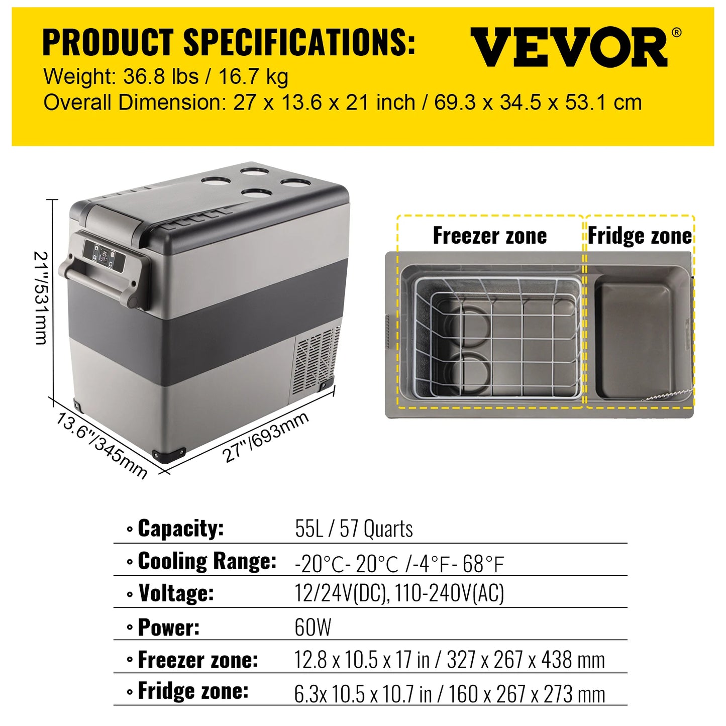 Vevor Portable Car Refrigerator Mini Fridge Freezer 20L 22L 35L 45L 55L Compressor Cooler 12V 24V DC Ice Box for Camping