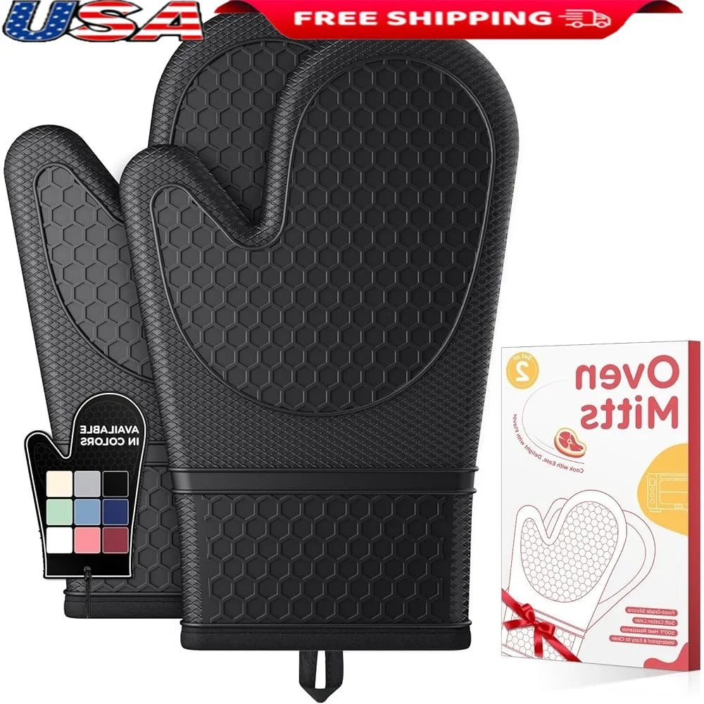 Silicone Oven Mitts Set Heat Resistant Gloves Non-Slip Kitchen Essentials Soft Lining Easy Clean Storage Grilling Baking BBQ