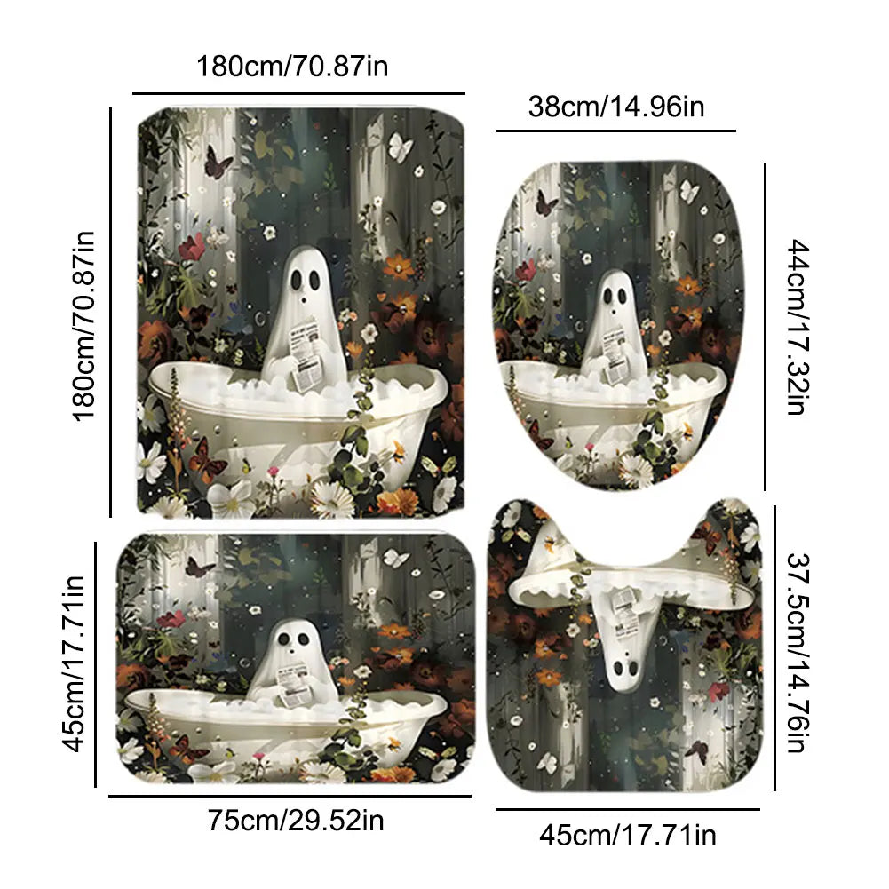 Cute Cartoon Ghost Shower Curtain Set Halloween Bathroom Curtain Washable Spooky Bathroom Curtain with Hooks for Bathroom Decor