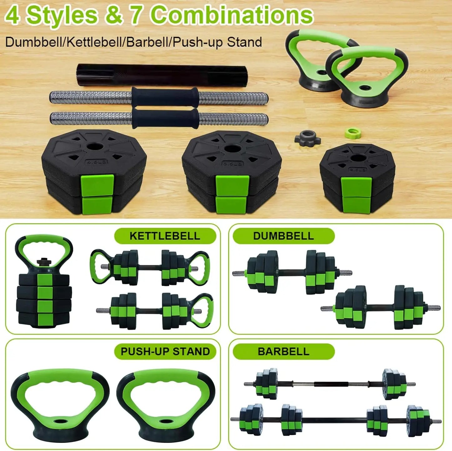 4 In 1 Adjustable Dumbbell Set 44lbs with Iron Handle Kettlebell Barbell and Push Up Stand for Home Gym Strength Training Equipment