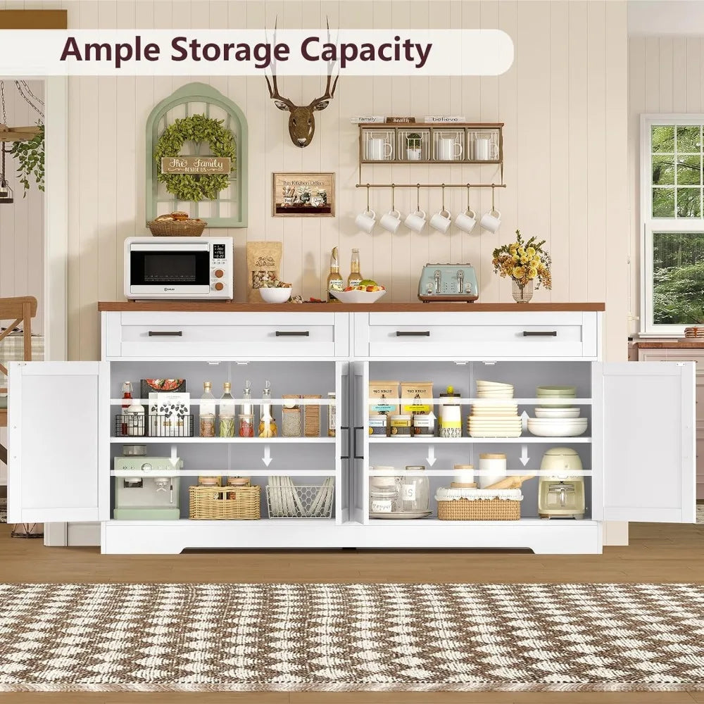 Large 63" Farmhouse Style Buffet Cabinet with 2 Adjustable Shelves and 4 Doors for Storage and Coffee Bar