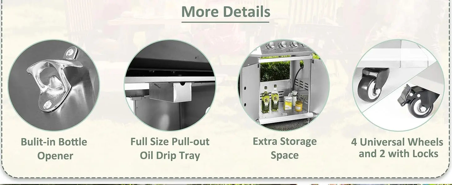 Propane Gas Grill Four Burners with Side Burner Stainless Steel Grill Cart with Wheels for Outdoor Patio Garden Backyard Cooking