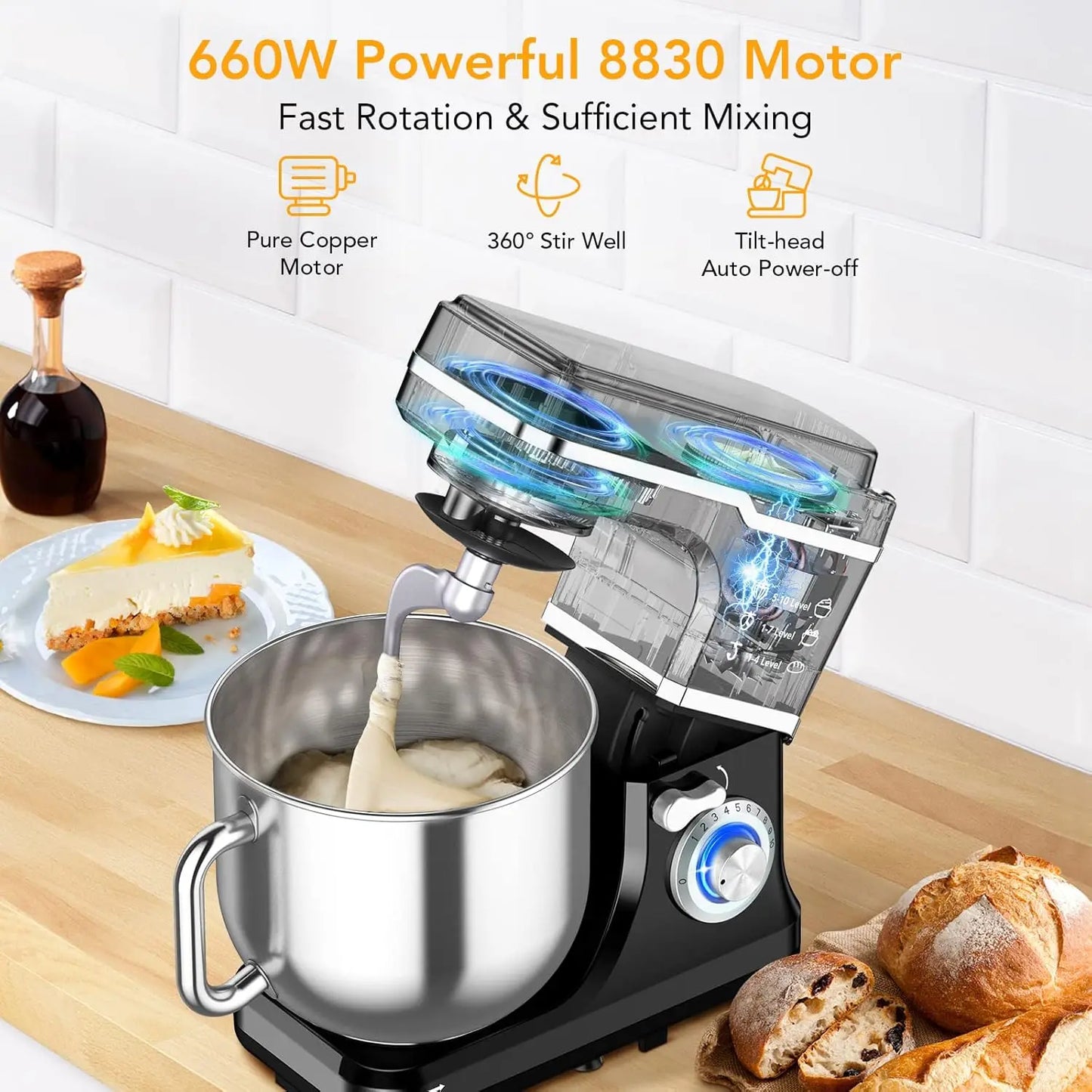 Electric Food Mixer 7.5QT 600W 10 Speed Tilt Head Stand Mixer Stainless Steel Bowl 3 In 1 Kitchen Countertop Mixer by Adoolla