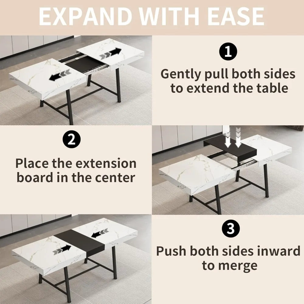 Extendable Dining Table 63-79 Inch Woodgrain/Marble Top for 6-10 People Silent-Glide Mechanism Modern Rectangular Dining Room Furniture