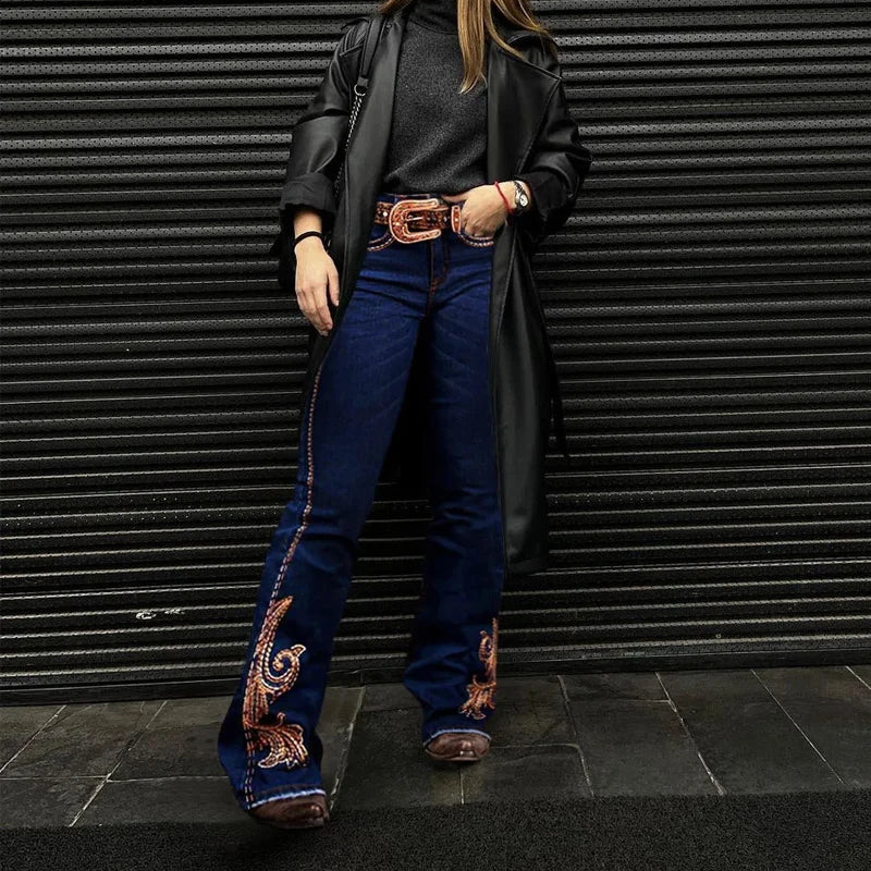 Stylish Cowgirl Boo-Cut Denim Jean Exquisite Embroidery Stretch & Comfortable Ladies Country Outfit Western Women Trousers T02
