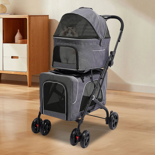Foldable Pet Stroller Double Dog Cat Carrier with Storage Basket Travel Camping Iron Oxford Cloth Dog Travel Stroller for All Breeds