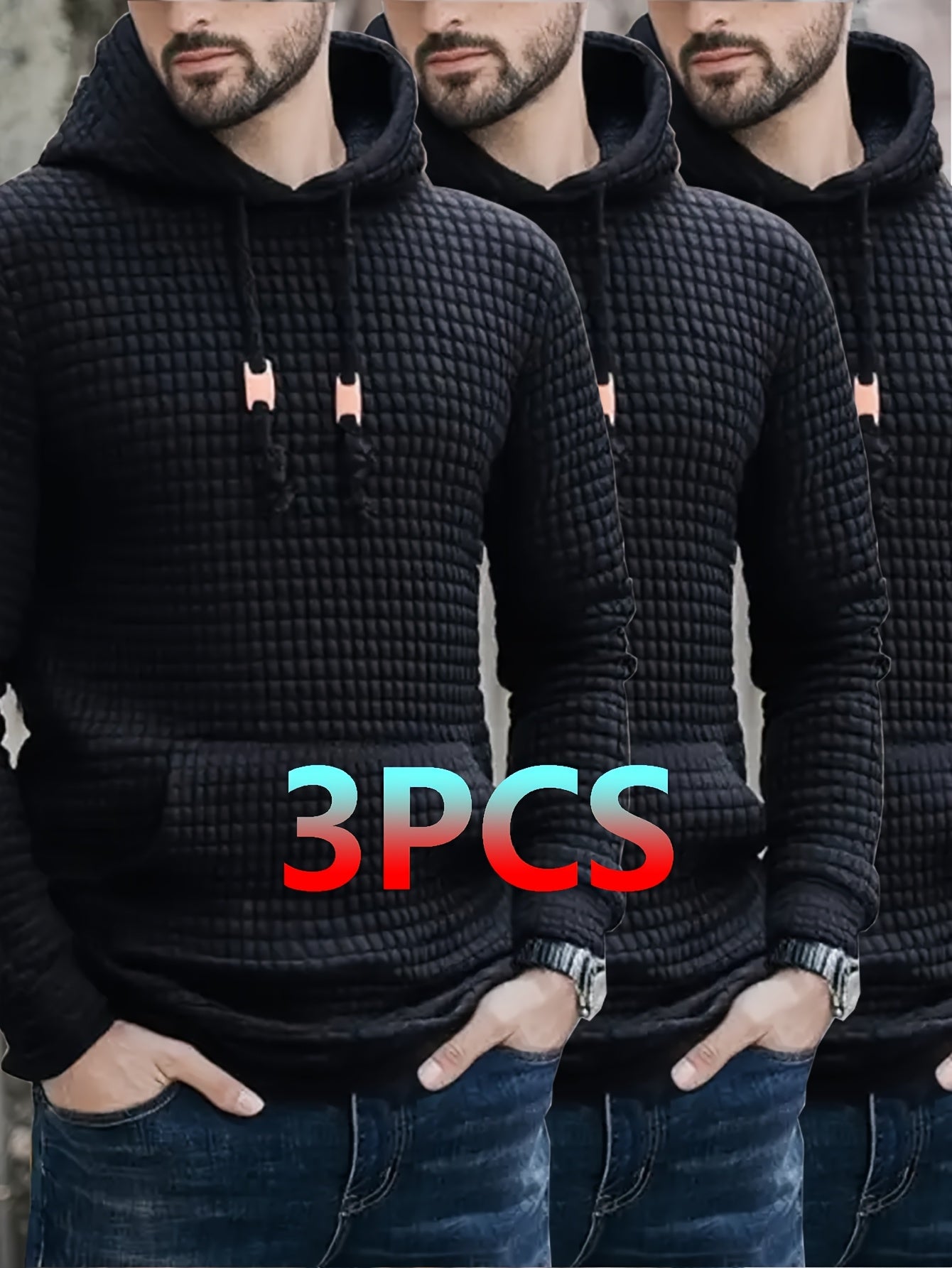 3pcs Set, Men's Waffle Hoodie Long Sleeved, Kangaroo Pocket Casual Sports Top, Suitable For Spring And Autumn