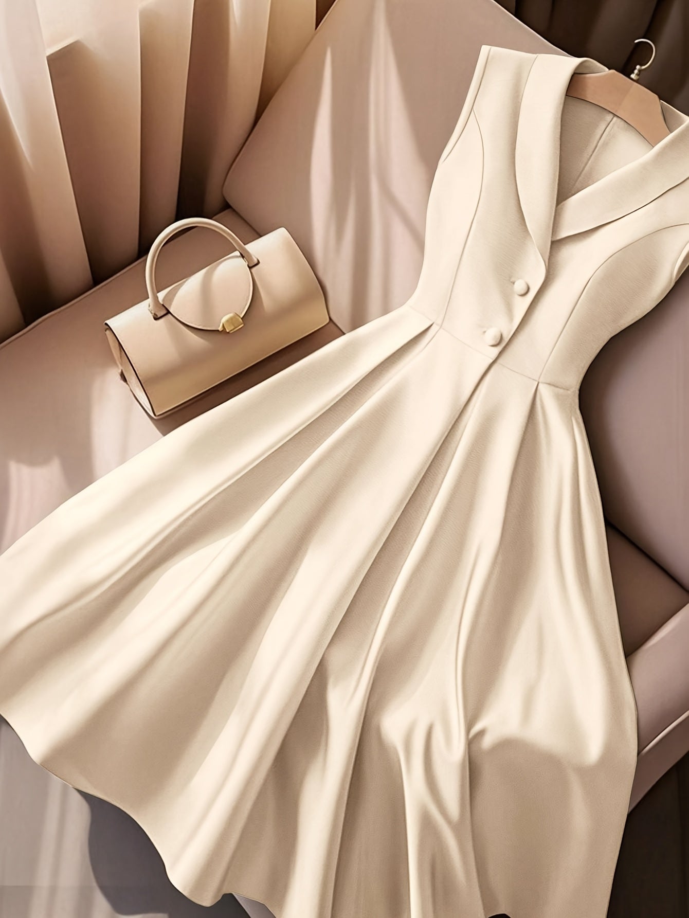 Women's Elegant Slim Fit Sleeveless V-Neckdress - Button-Up Front, Non-Stretchy Formal & Casual Outfit for Office, Party, Vacation - Machine Washable Women's Clothing, Party Attire, Timeless Fashion Piece, Smooth Fabric Finis