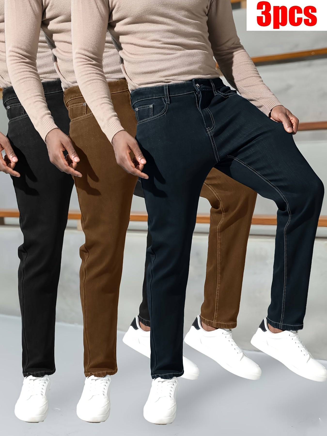 3 Packs - Cost-effective Men's Jeans - Street Style Trendy Slim Fit Men's Jeans - Wearable In All Seasons, Casual Wear Bottoms, Daily Outfit Essential, Regular Length Jeans, Solid Color Jeans, Street Style Enthusiasts, Budget
