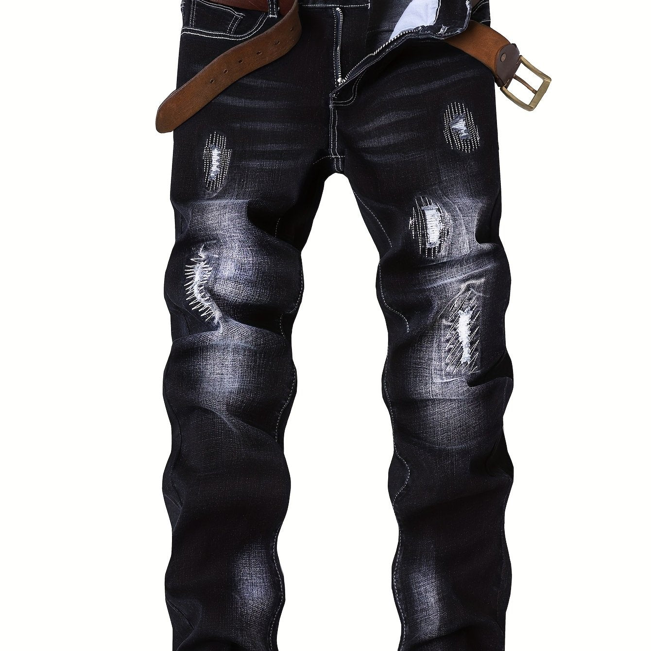 Mens Jeans with Elastic Distressed Embroidery, Slim Fit And Slimming Effect, Deep Blue Distressed Mens Clothes, Suitable for All Seasons