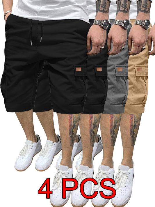 4pcs Men's Heavy-Duty Cargo Shorts - Non-Stretch Fabric, Multiple Utility Pockets, Loose Fit Construction - Black/Gray/Beige colorway Combo for Outdoor, Travel, Streetwear - Bulk Discounts Available - Ideal for Everyday & For