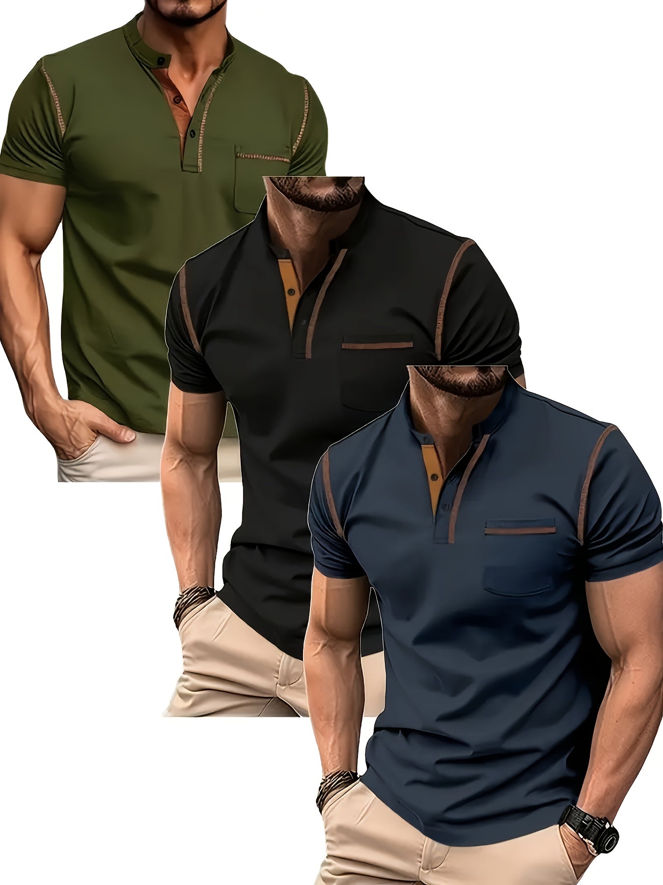 3pcs Men's Slim-Fit Golf & Tennis Shirts Breathable Stretchy Short Sleeve Contrast Collar All-Season Non-Sheer Sportswear Set