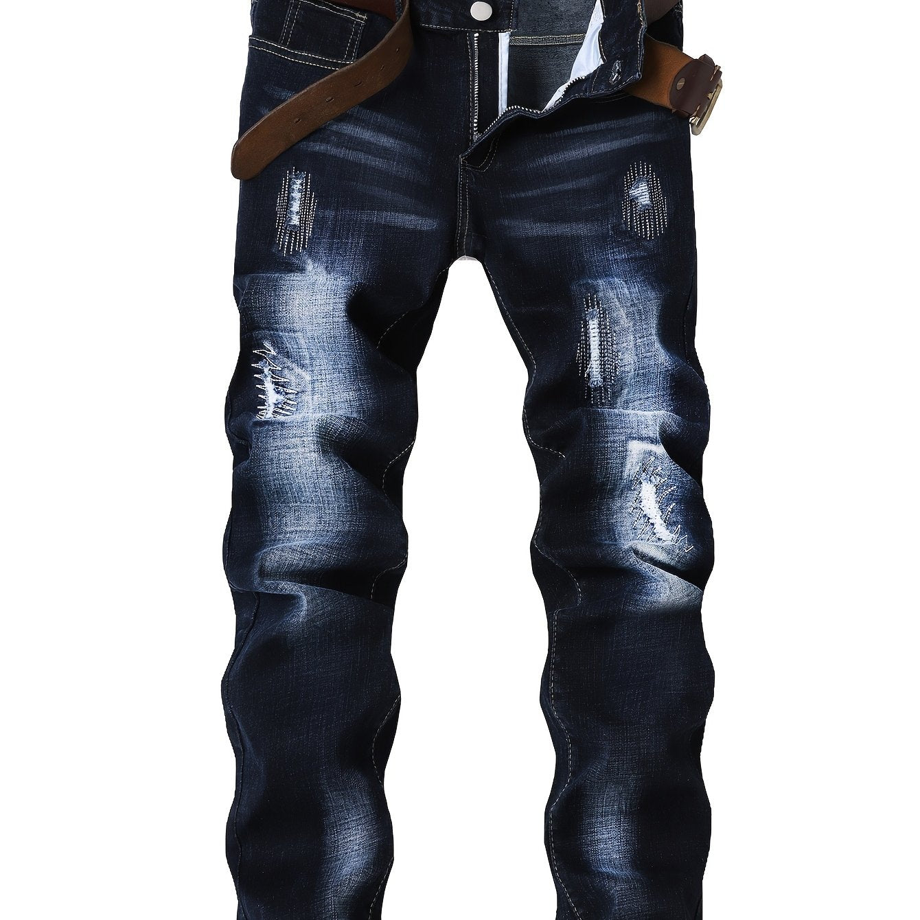 Mens Jeans with Elastic Distressed Embroidery, Slim Fit And Slimming Effect, Deep Blue Distressed Mens Clothes, Suitable for All Seasons