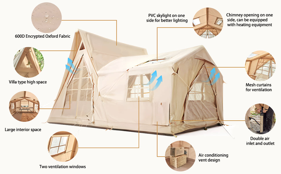 Large Inflatable Tent 135 SQFT for 8 to 10 Person Four Season Waterproof Quick Setup Cabin Tent with Reflective Mylar 600D Oxford Material
