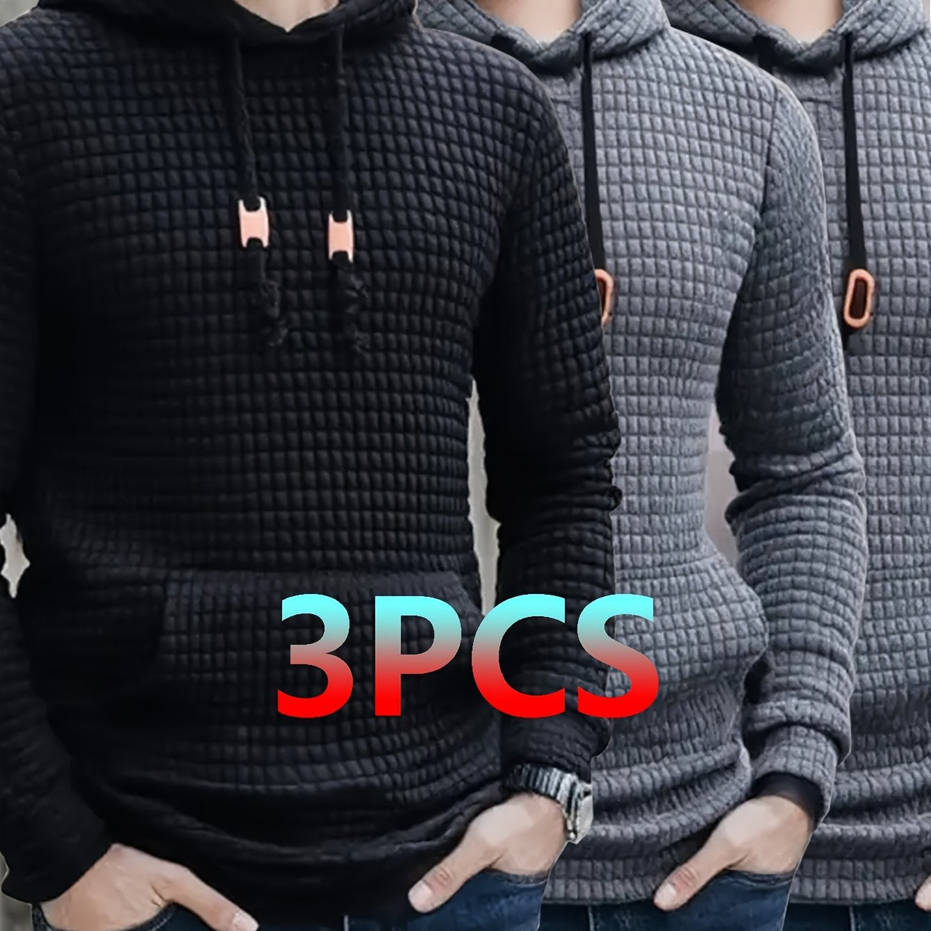 3pcs Set, Men's Waffle Hoodie Long Sleeved, Kangaroo Pocket Casual Sports Top, Suitable For Spring And Autumn