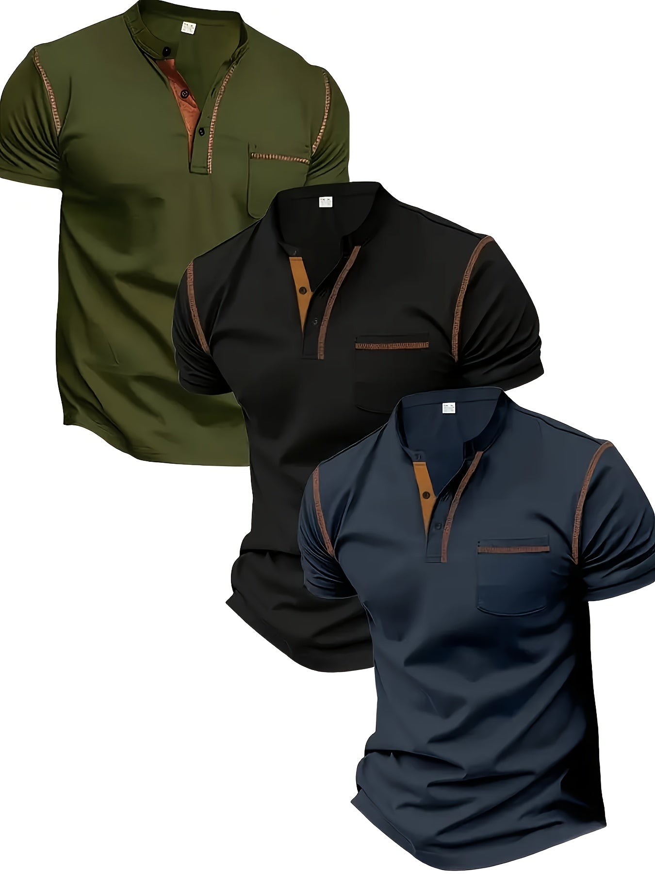 3pcs Men's Slim-Fit Golf & Tennis Shirts Breathable Stretchy Short Sleeve Contrast Collar All-Season Non-Sheer Sportswear Set