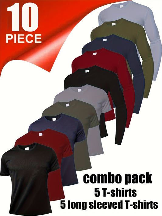 10 Men'S Sports Shirts, Sports Tops, Round Neck T-Shirts, Perfect for Sports And Daily Wear. Fashionable Multi Colored Long Sleeved T-Shirts, Moisture Wicking, Quick Drying, Suitable for Running, Gym, And Daily Fitness Activi