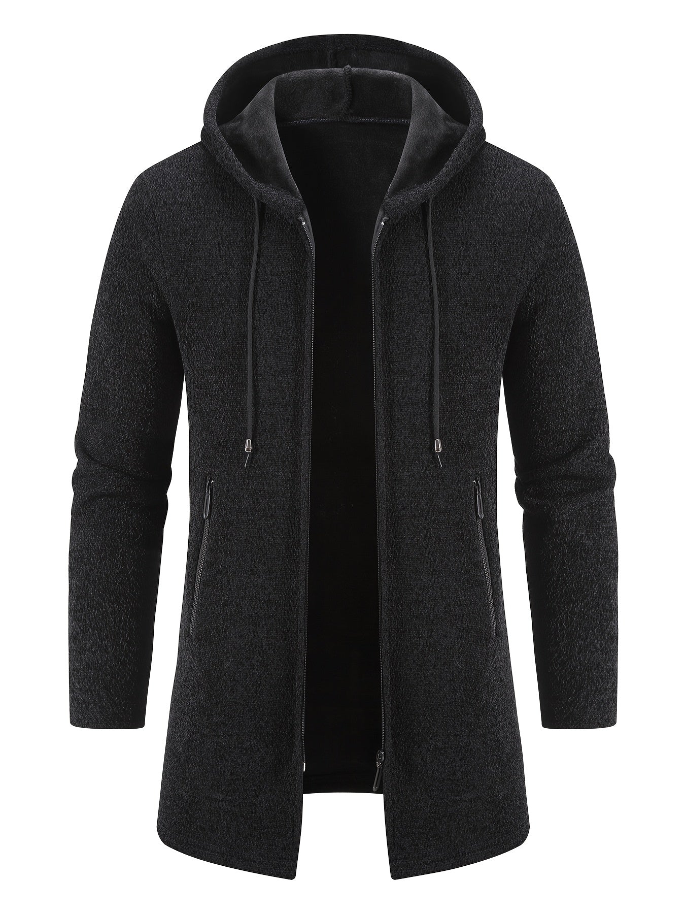 Men'S Fleece-Like Warmth Hooded Cardigan Jacket - Mid-Length Zipper Front Windbreaker Coat with Full-Zip Closure, Loose Fit Long Sleeve Winter Outerwear, Polyester Shell & Pockets for Casual & Semi-Formal Outfits (Autumn/Wint