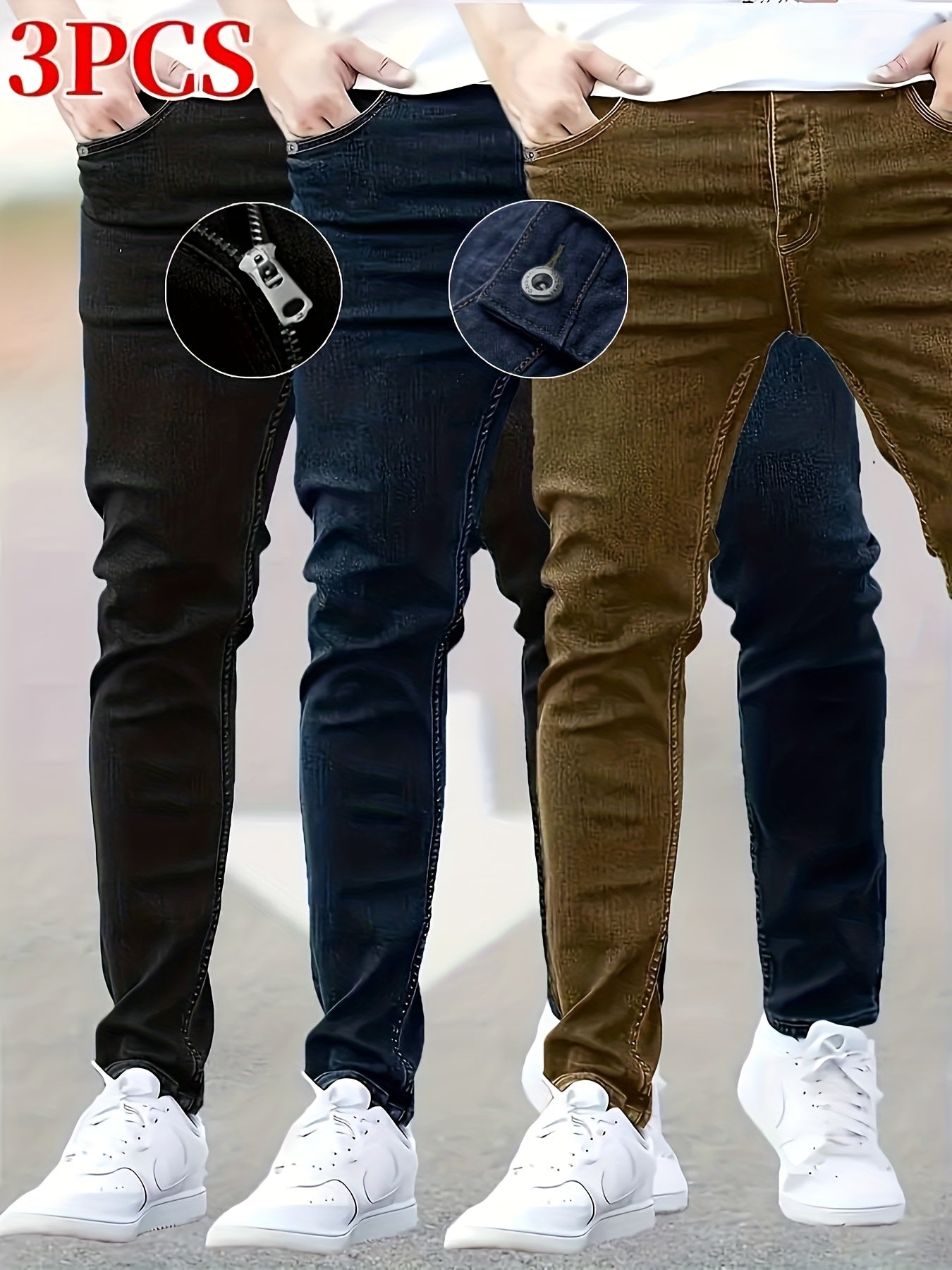 3 Packs - Cost-effective Men's Jeans - Street Style Trendy Slim Fit Men's Jeans - Wearable In All Seasons, Casual Wear Bottoms, Daily Outfit Essential, Regular Length Jeans, Solid Color Jeans, Street Style Enthusiasts, Budget