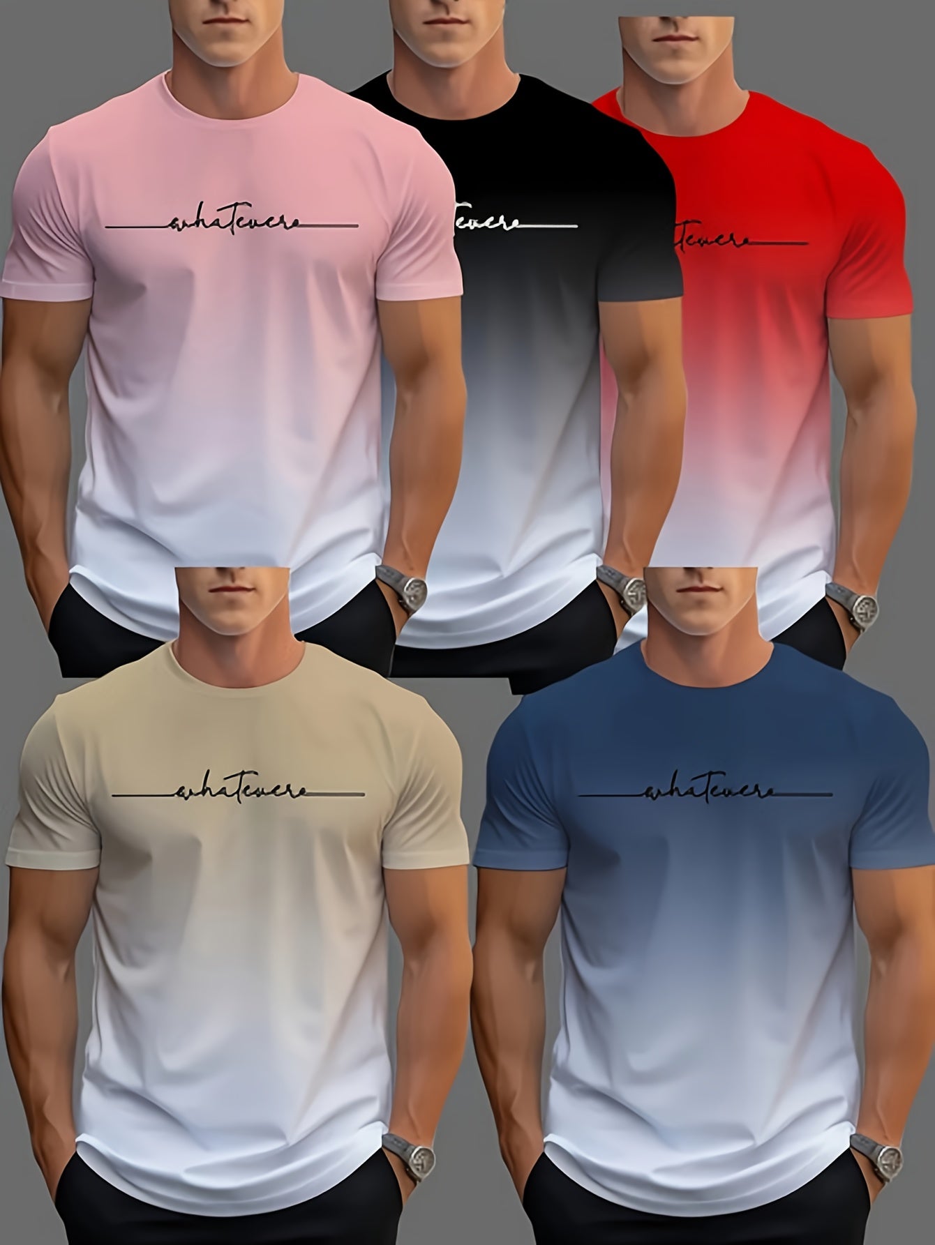 Five - Piece Set Of T - Shirts.With Soft Gradient Colors And The "Whatever" Element Throughout, These T - Shirts Have A Simple And Stylish Style, Easily Suitable For Various Occasions, Showing Casual Charm.