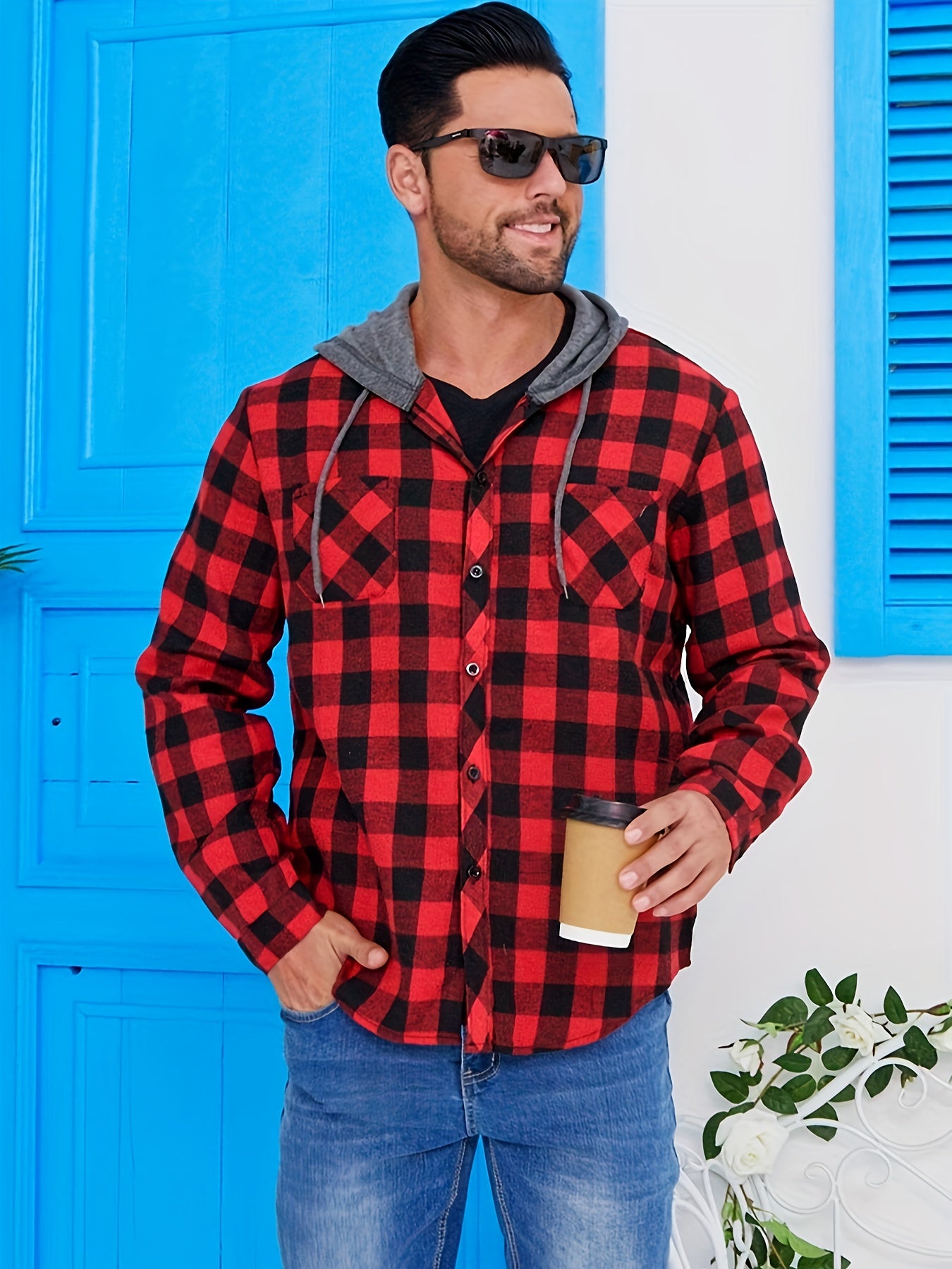 Black/Red/Blue 3 Pack Men's Flannel Hoodie Shirts - Casual Button- Long Sleeve Hooded Jackets with Pockets, Machine Washable, Regular Fit, Solid Color, Everyday Comfort Apparel, Plaid Pattern Design, Nonstretch Fabric