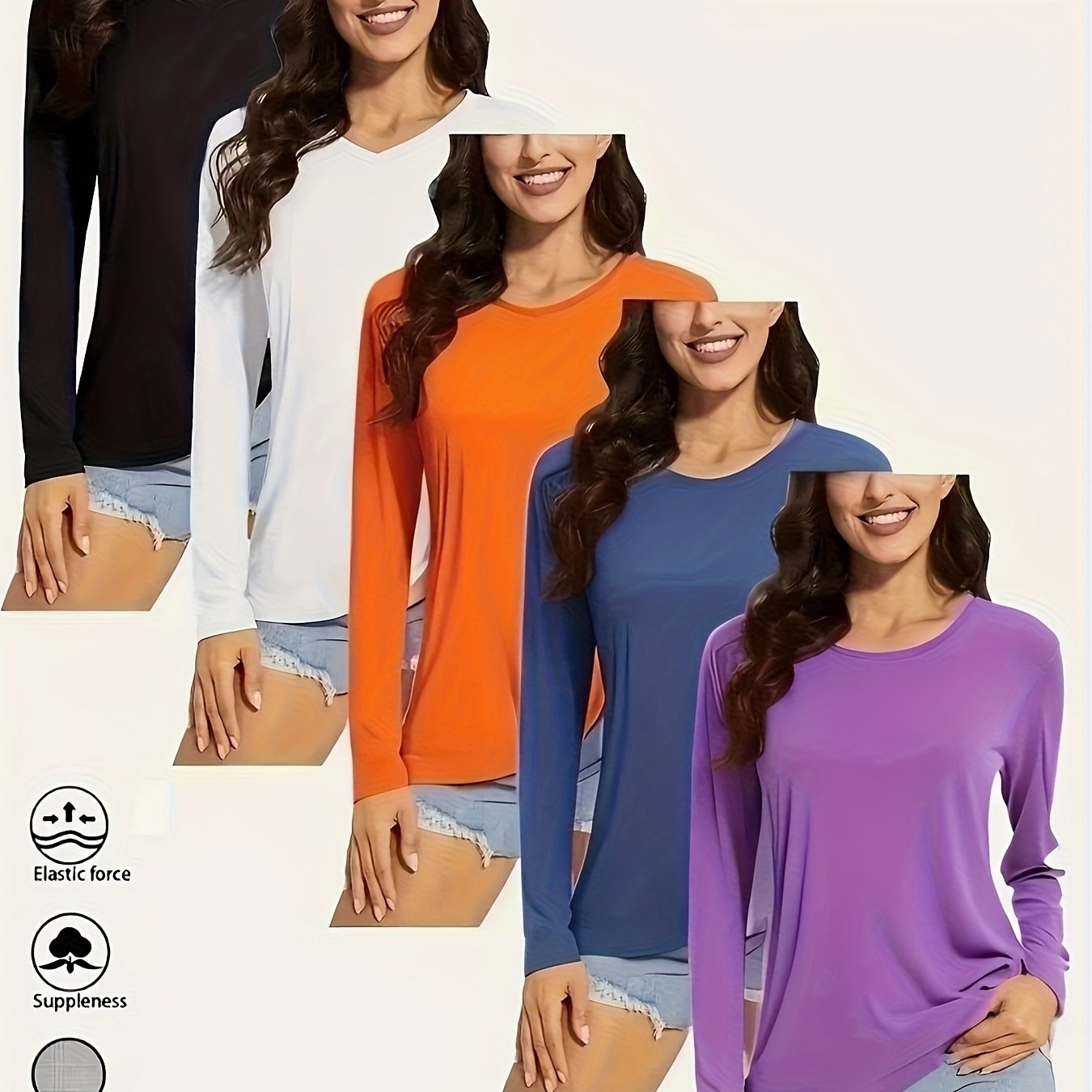 5pcs Women'S Long Sleeve T-Shirts - 100%, V-Neck, Medium Stretch, Moisture-Wicking & Breathable, Five Color Options For, Outdoor - Fall/Winter Collection, Shirts, Wear, Solid Color Top, Breathable Fabric