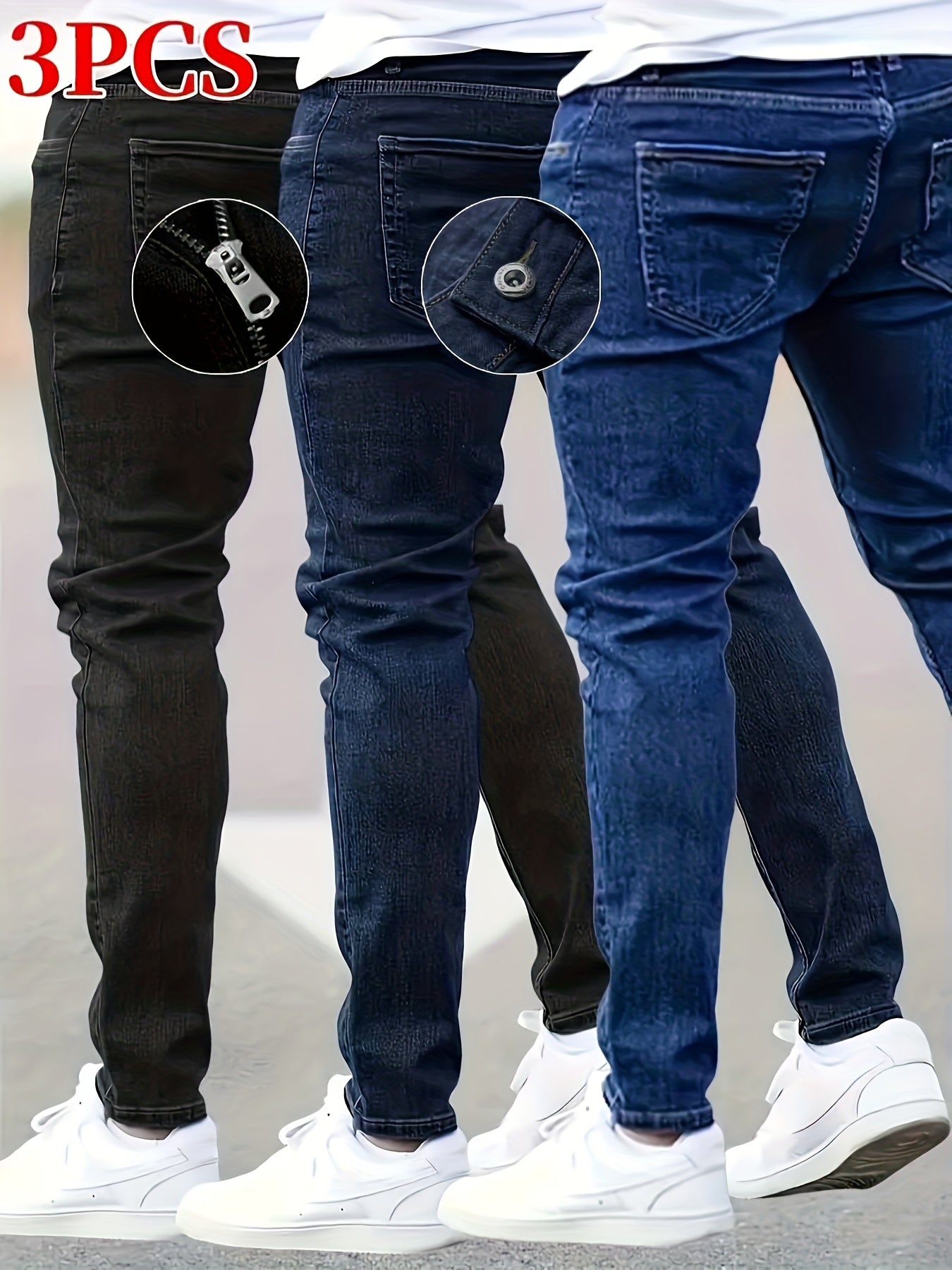3 Packs - Cost-effective Men's Jeans - Street Style Trendy Slim Fit Men's Jeans - Wearable In All Seasons, Casual Wear Bottoms, Daily Outfit Essential, Regular Length Jeans, Solid Color Jeans, Street Style Enthusiasts, Budget