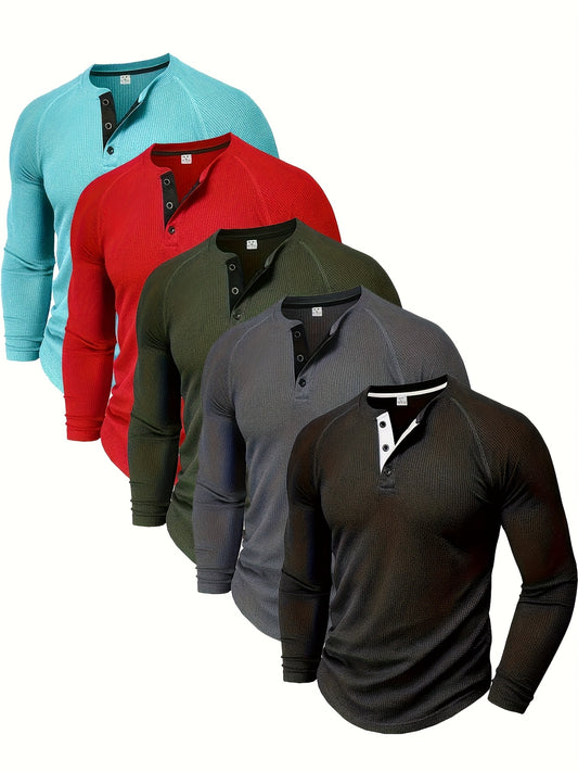 4pcs Men'S Loose Solid-colored Shirt With A Round Neck And Half-button Design, Suitable For Outdoor Activities And Everyday Wear.