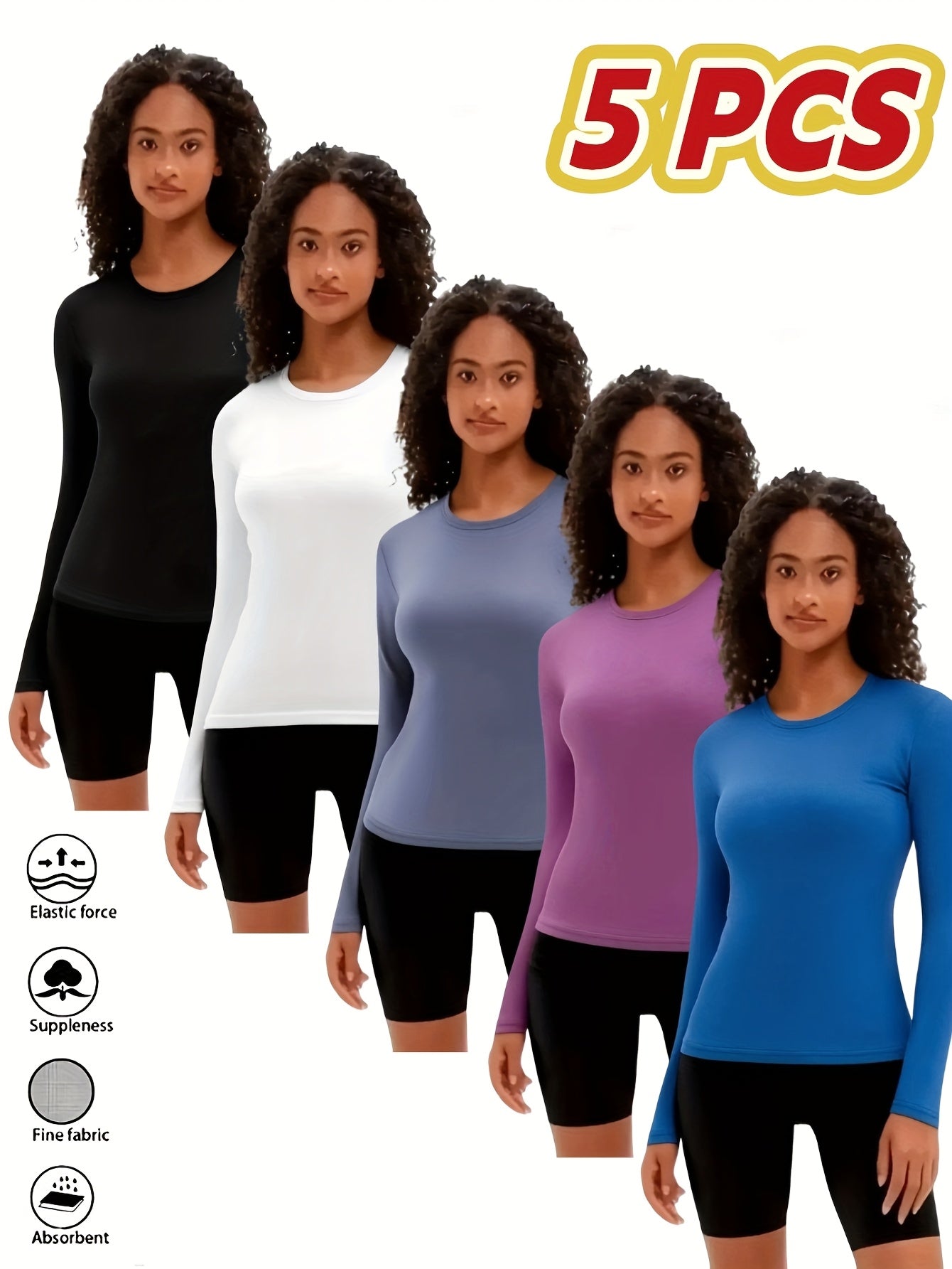 5pcs Women'S Long Sleeve T-Shirts - 100%, V-Neck, Medium Stretch, Moisture-Wicking & Breathable, Five Color Options For, Outdoor - Fall/Winter Collection, Shirts, Wear, Solid Color Top, Breathable Fabric