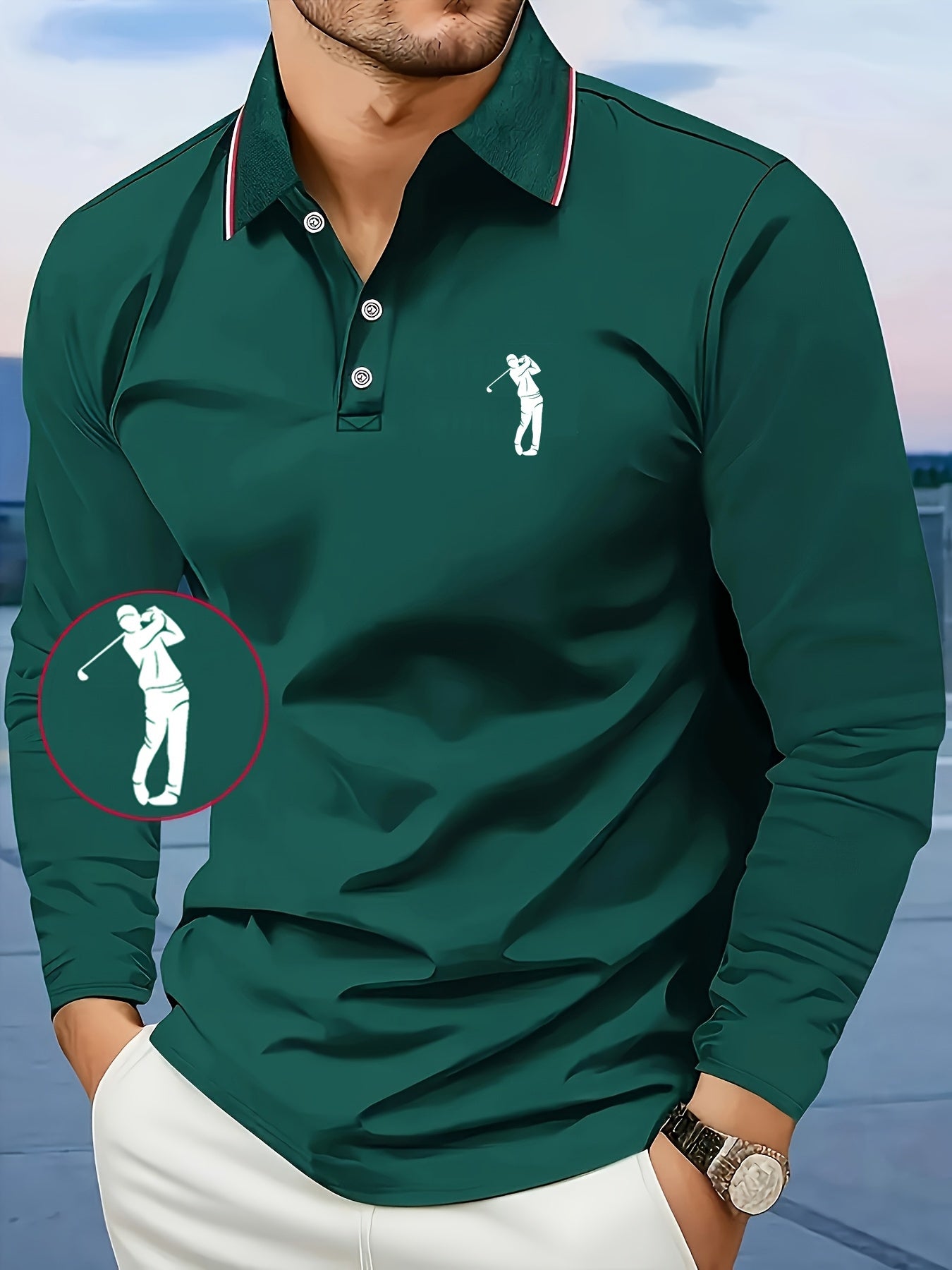 Men's -Inspired Long Sleeve Dress Shirt - Bright Blue with White Player Print & Red/White Striped Collar, Breathable Slim Fit, Machine Washable, All-Season Casual & Semi-Formal Wear with Swing Button Placket - Ideal for Outin