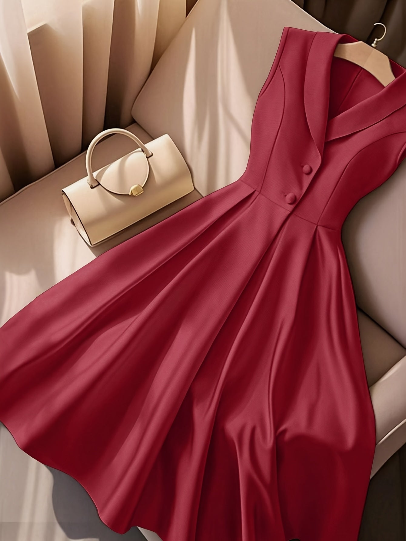 Women's Elegant Slim Fit Sleeveless V-Neckdress - Button-Up Front, Non-Stretchy Formal & Casual Outfit for Office, Party, Vacation - Machine Washable Women's Clothing, Party Attire, Timeless Fashion Piece, Smooth Fabric Finis